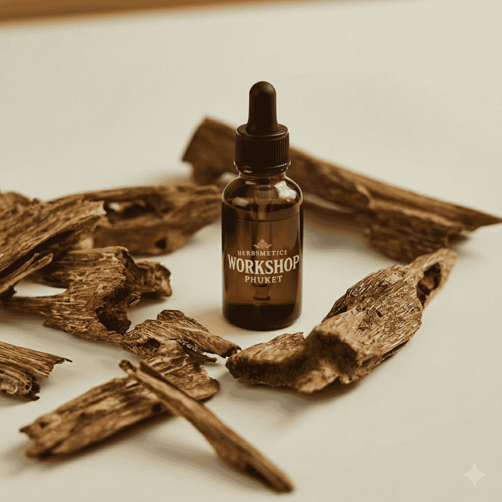 Agarwood Hydrosol essential oil — woody, earthy, warm — Herbsmetics Phuket
