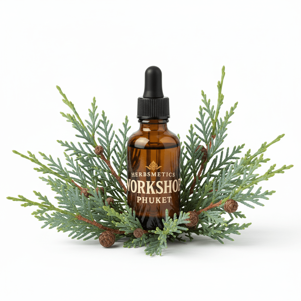 Blue Cypress essential oil — woody, earthy, warm — Herbsmetics Phuket
