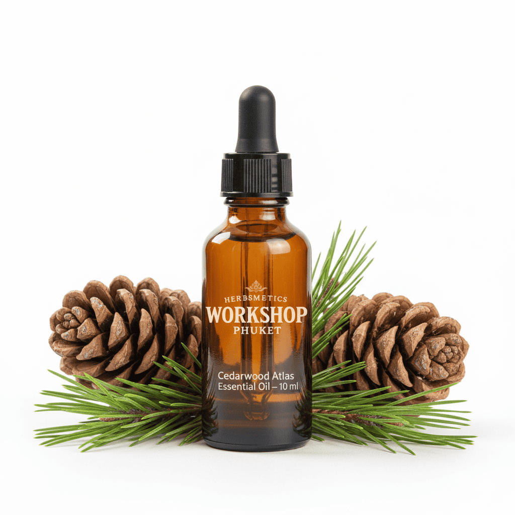 Cedarwood Atlas essential oil — woody, earthy, warm — Herbsmetics Phuket