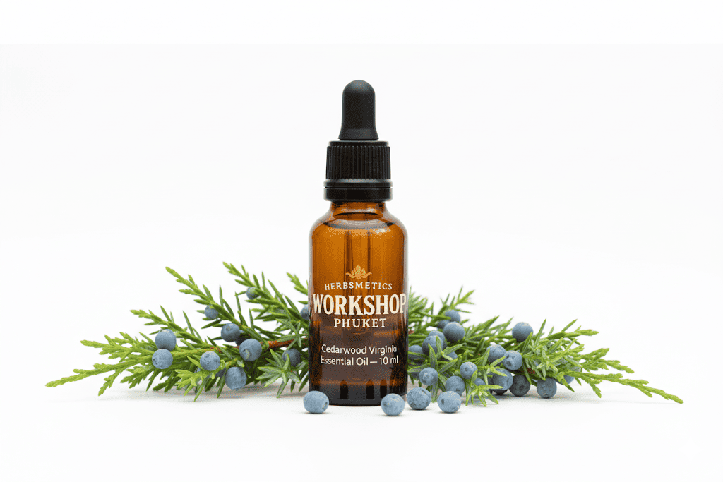 Cedarwood Virginia essential oil — woody, earthy, warm — Herbsmetics Phuket