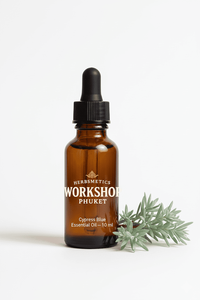 Cypress Blue essential oil — woody, earthy, warm — Herbsmetics Phuket
