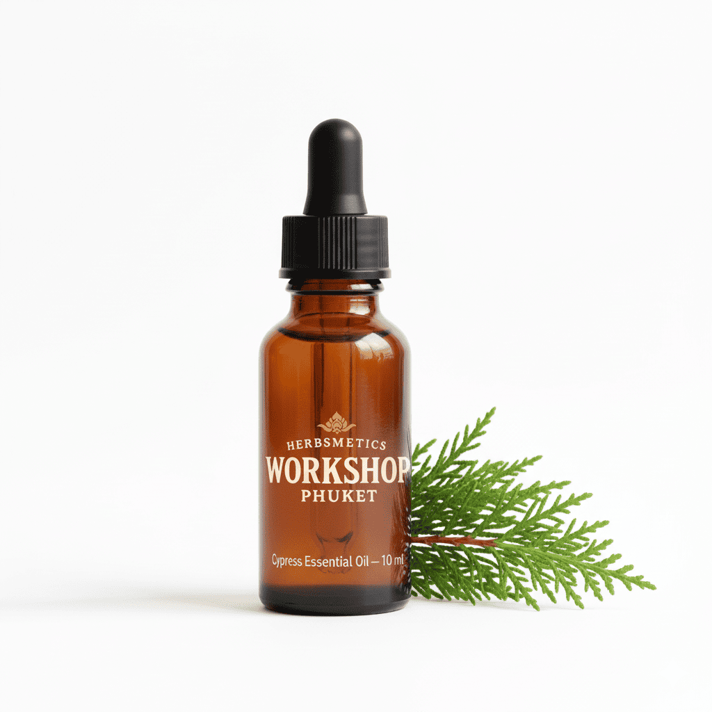 Cypress essential oil — woody, earthy, warm — Herbsmetics Phuket