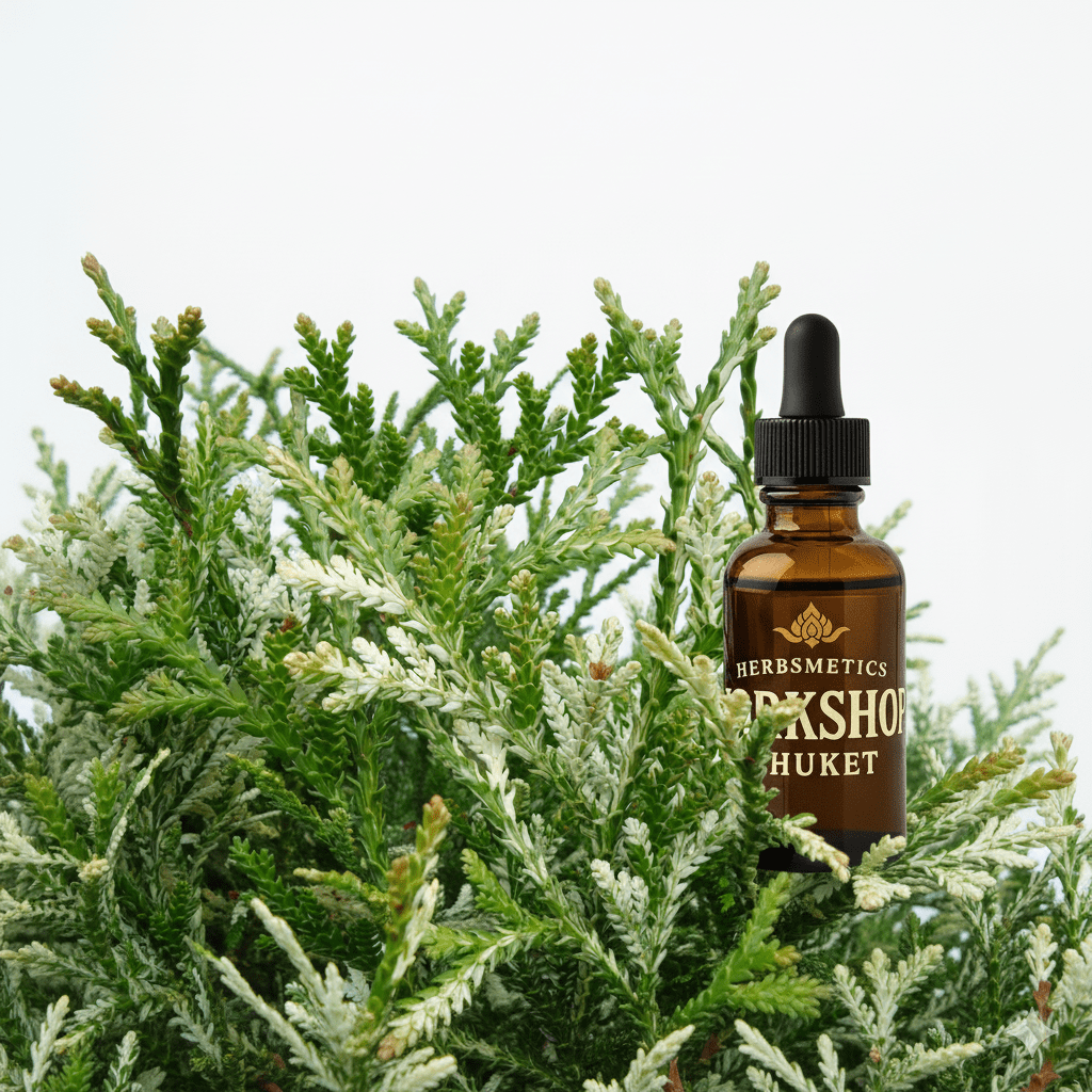 Hiba Wood essential oil — woody, earthy, warm — Herbsmetics Phuket