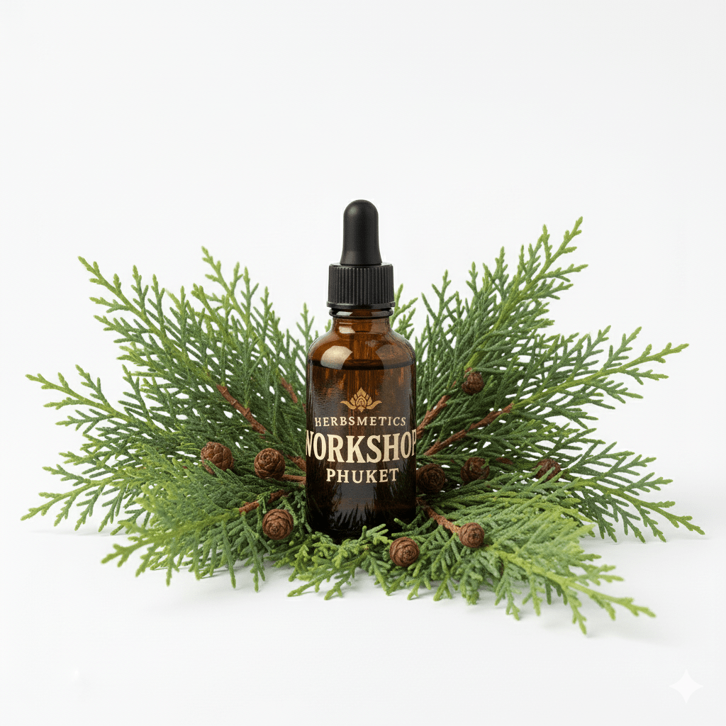 Hinoki Cypress essential oil — woody, earthy, warm — Herbsmetics Phuket