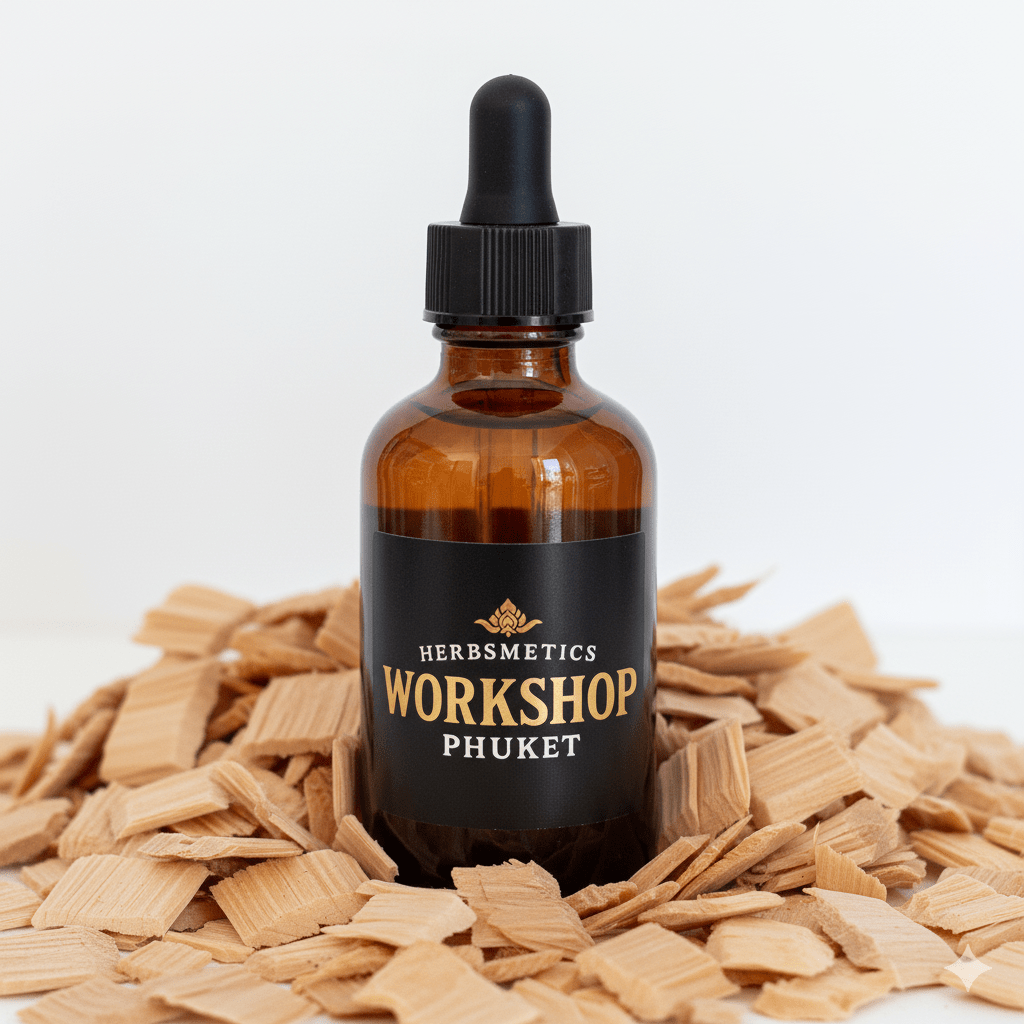 Hinoki Wood essential oil — woody, earthy, warm — Herbsmetics Phuket