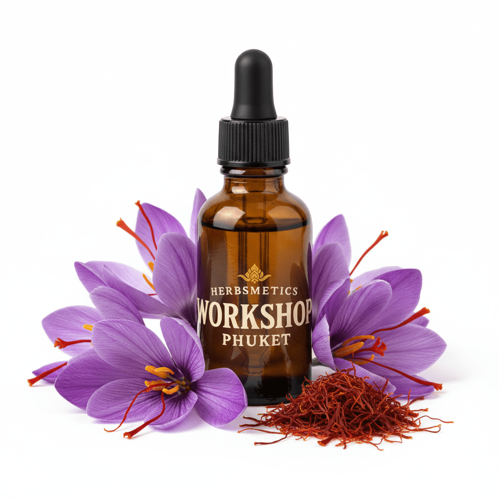 Saffron Absolute essential oil — herbal, green, fresh — Herbsmetics Phuket