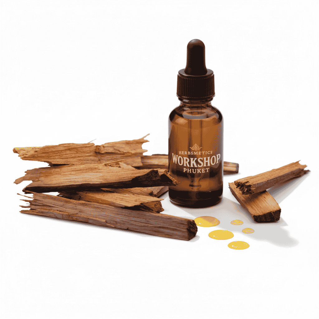 Sandalwood Siam essential oil — woody, earthy, warm — Herbsmetics Phuket