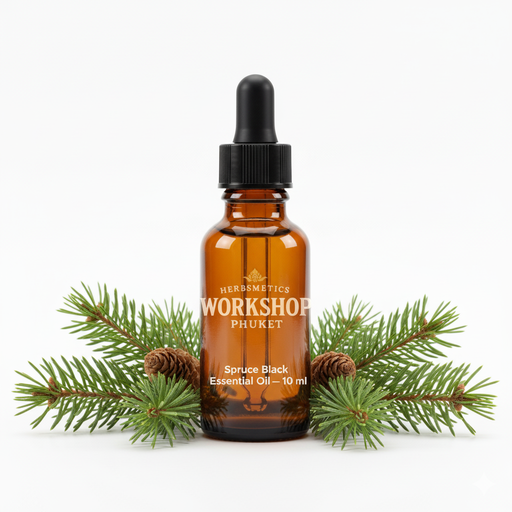Spruce Black essential oil — woody, earthy, warm — Herbsmetics Phuket