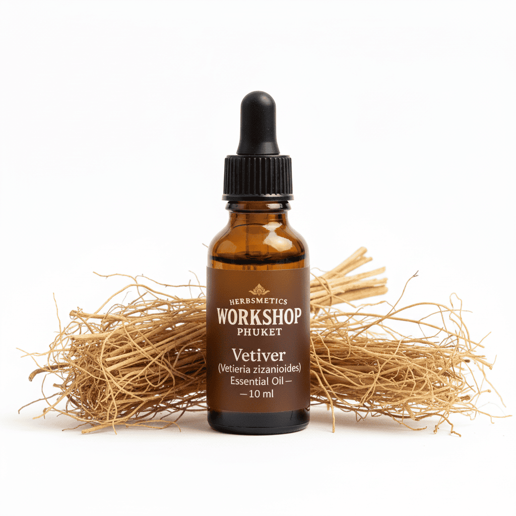 Vetiver essential oil — woody, earthy, warm — Herbsmetics Phuket