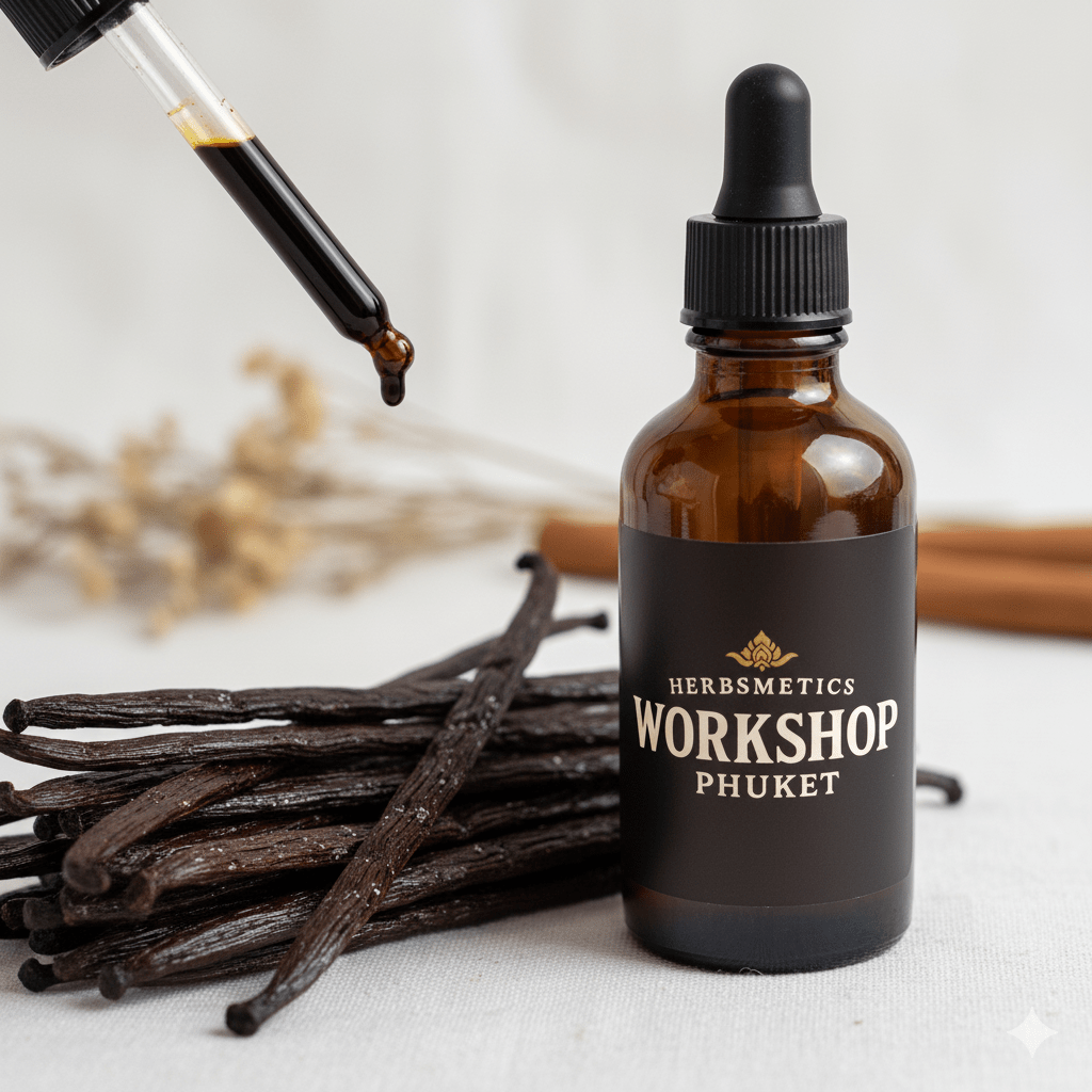 Vanilla essential oil — balsamic, resinous, deep — Herbsmetics Phuket